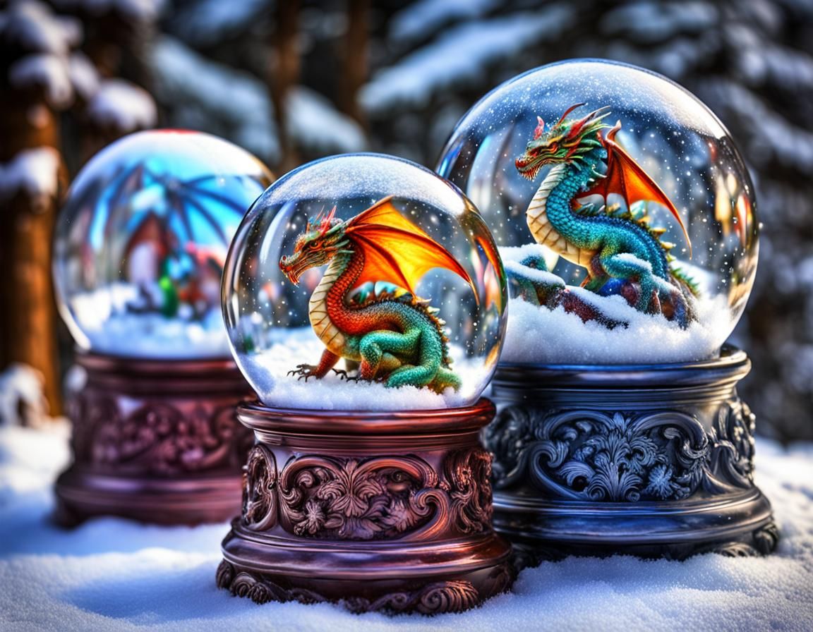 Nested Snow Globes Featuring Dragons in Fantasy Landscapes