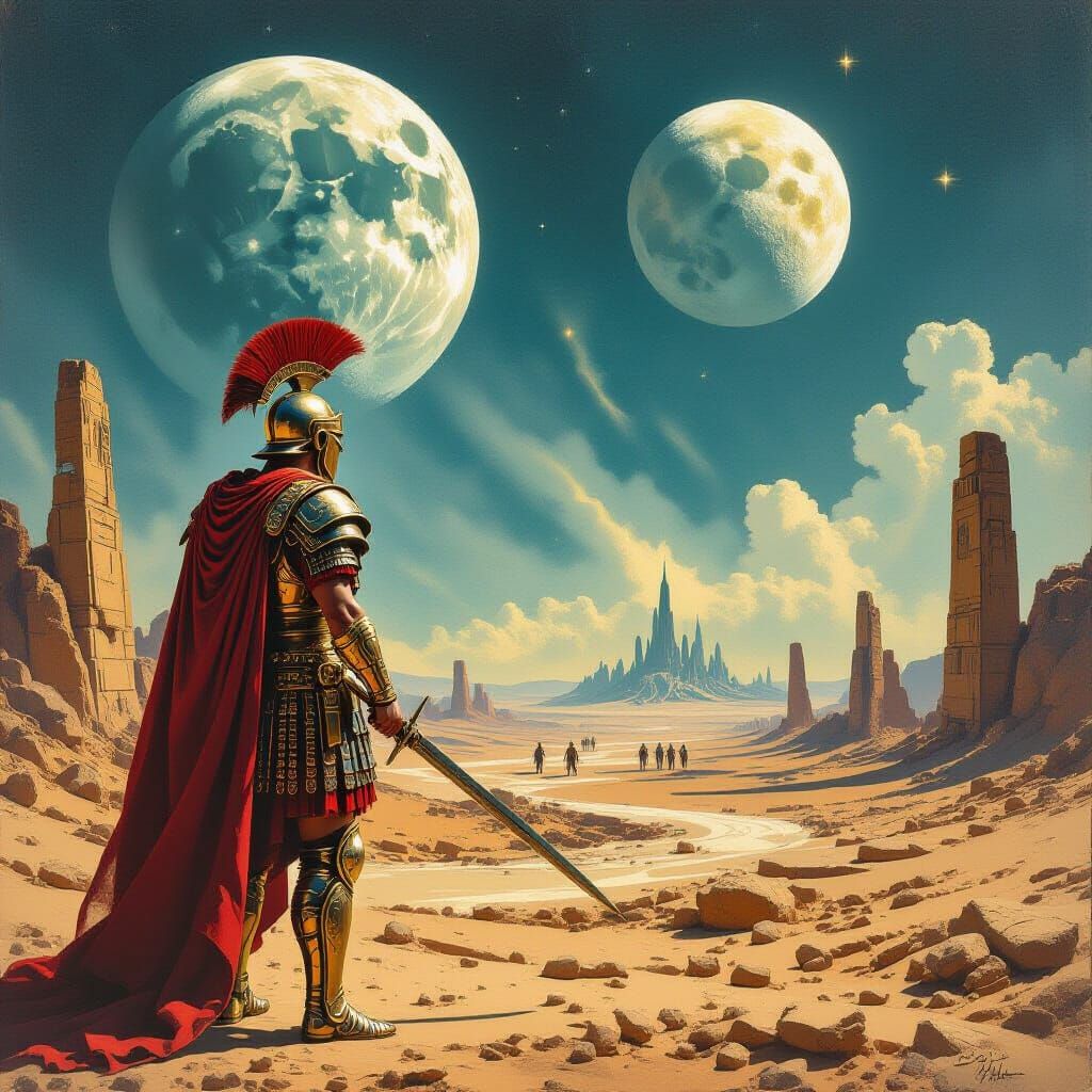 Roman Legionnaire Confronts Alien Armada in Surreal Style