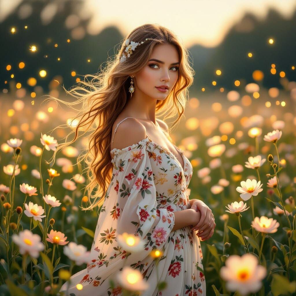 Elegant Woman in Floral Field at Dusk in Digital Painting