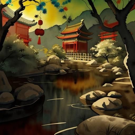Lunar New Year: Watercolor Chinese Landscape in Vector Art
