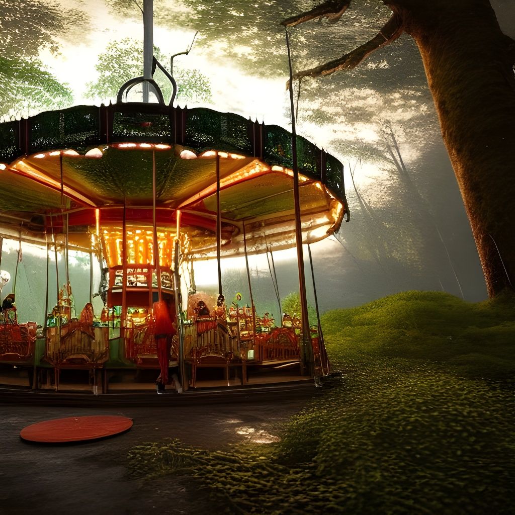 Mossy Treehouse Carousel at Sunset: Hyperrealistic 3D Art