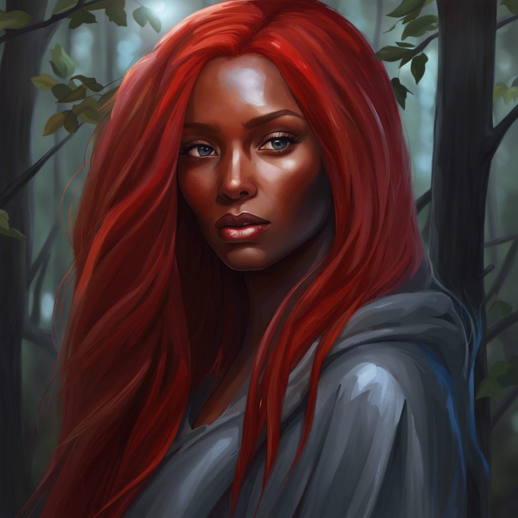 Fantasy art, black woman, beautiful woman, blue eyes, long red hair, grey clothes, forest background ,black skin