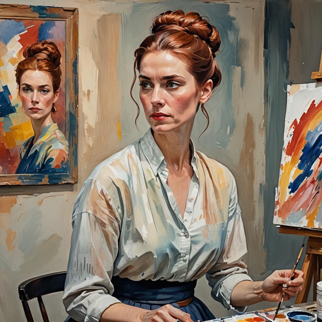 Woman Painting Self-Portrait in Gouache Style