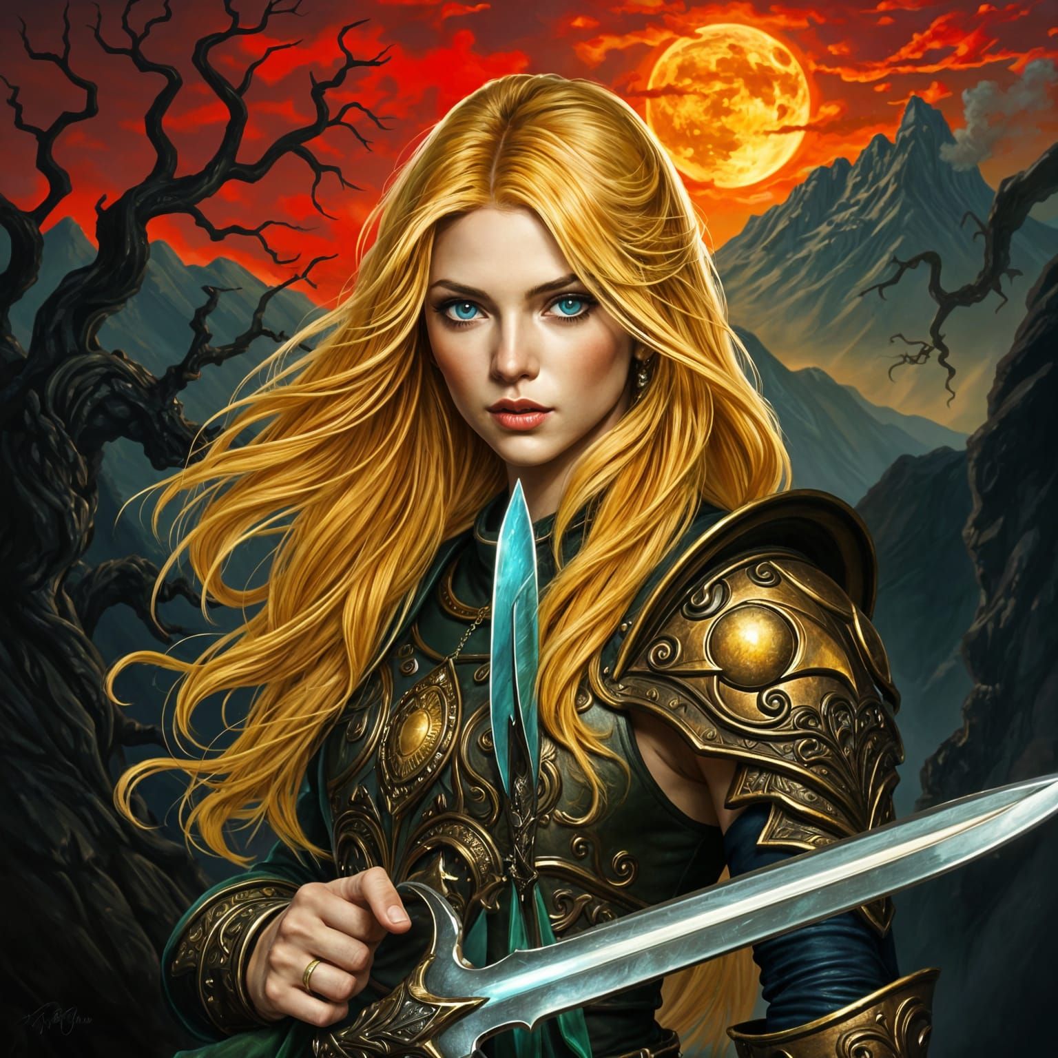 Regal Fantasy Warrior with Golden Hair and Emerald Eyes