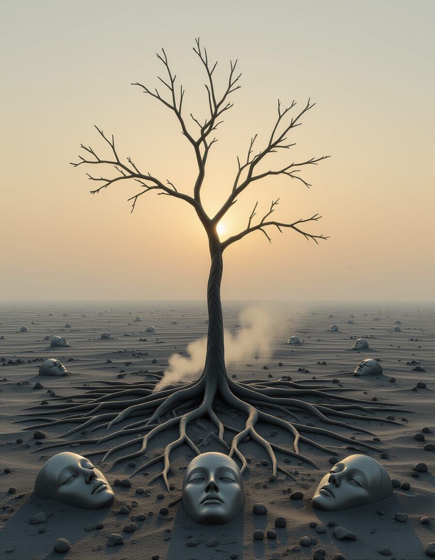 Surreal Ash Landscape with Tangled Tree and Masks