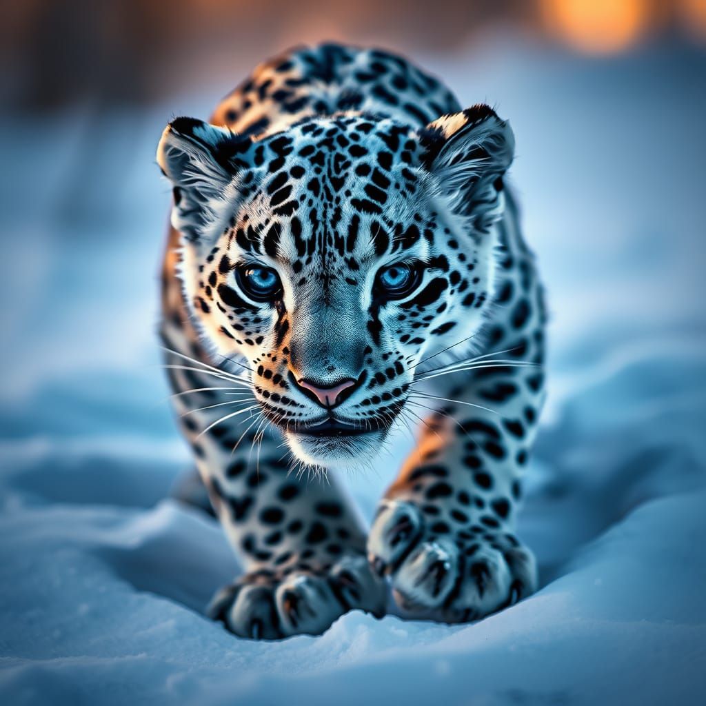 Snow Leopard Cub Embarks on a Dusk Hunt