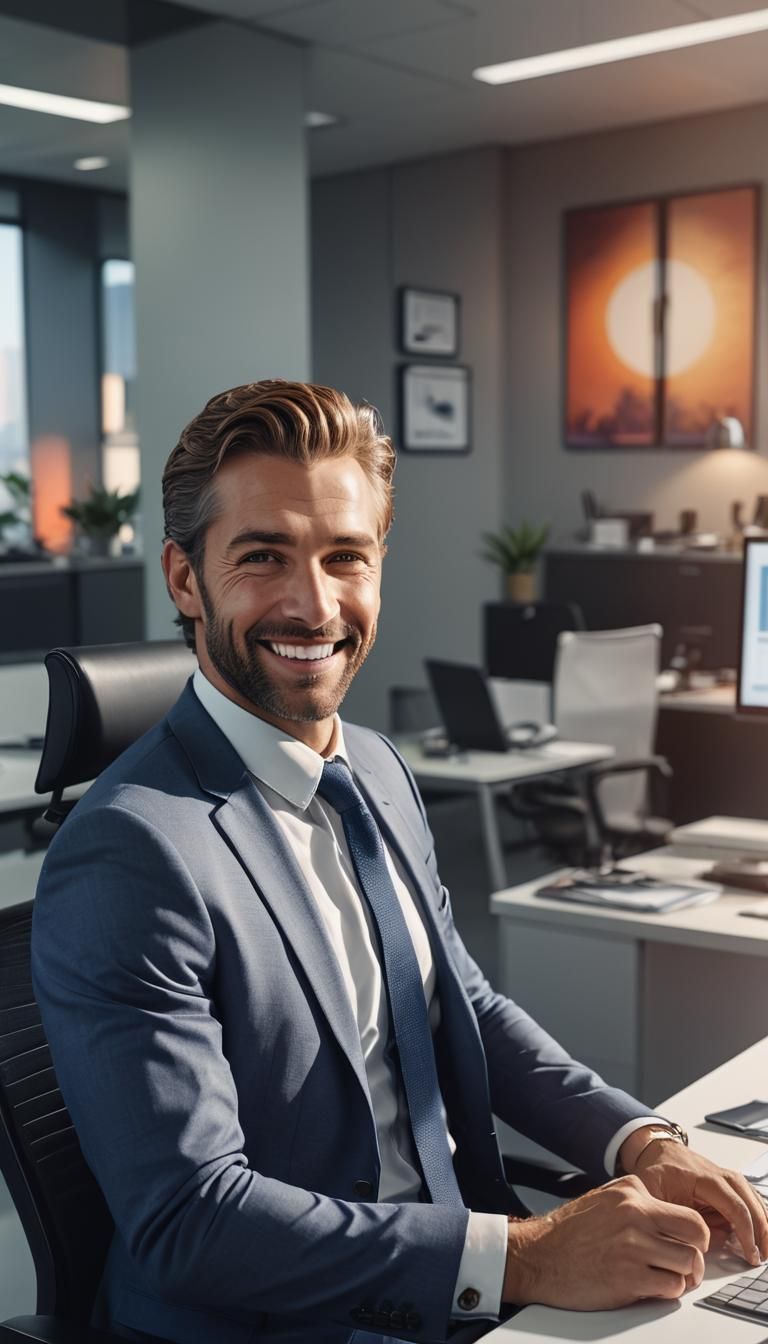 Smiling HR Manager in Modern Office, Hyperrealistic Art