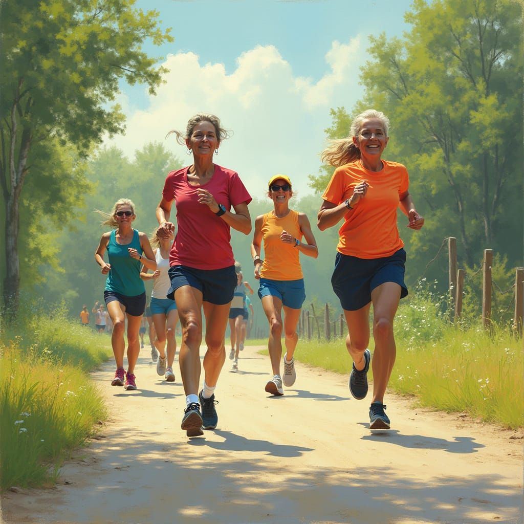 Joggers on a Sunny Trail in Realistic Style