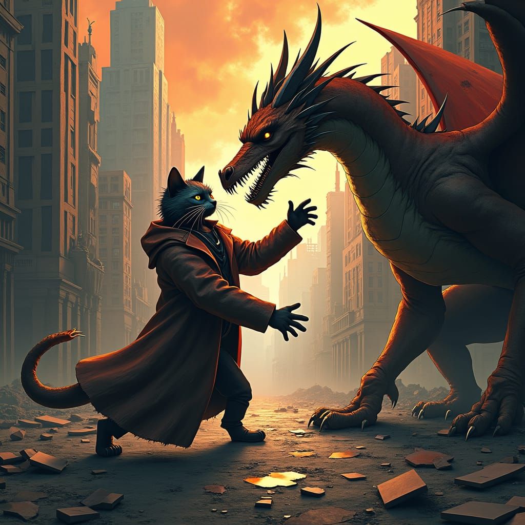 Cat Conquers Dragon in Apocalyptic Cubist Cityscape