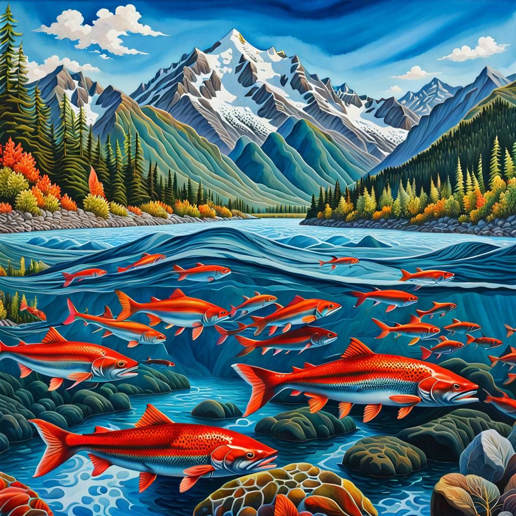 Salmon Run: Hyperrealistic Watercolor River Scene