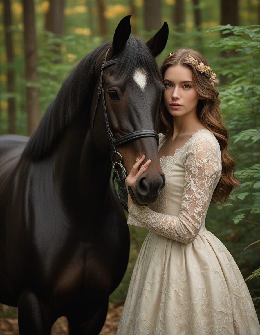 Woman and Horse Share Intimate Autumn Moment in Golden Light