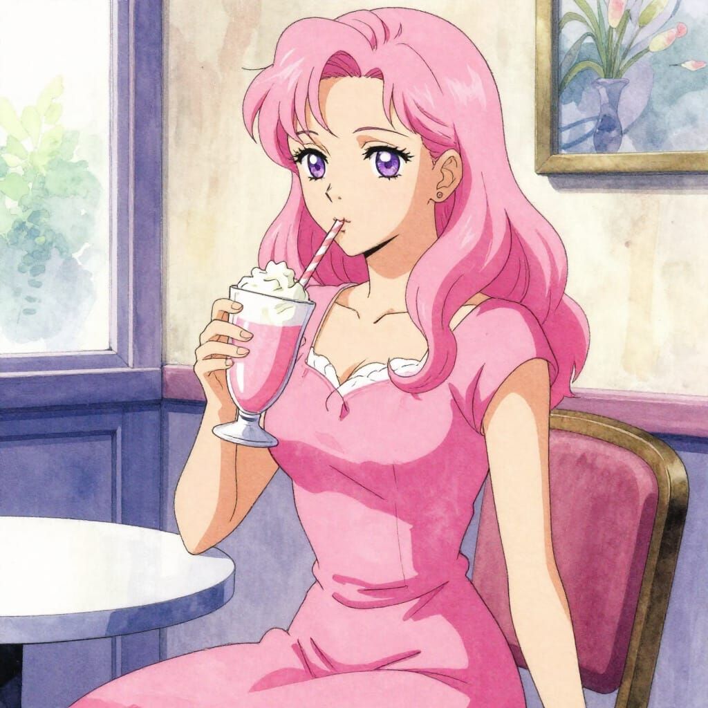 Pink Haired Woman Sips Milkshake in Watercolor Anime Style