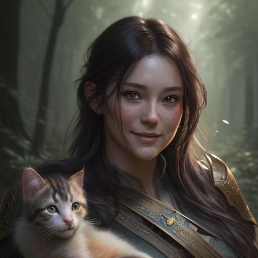 Warrior Adoring Kitten: Hyperdetailed Forest Portrait