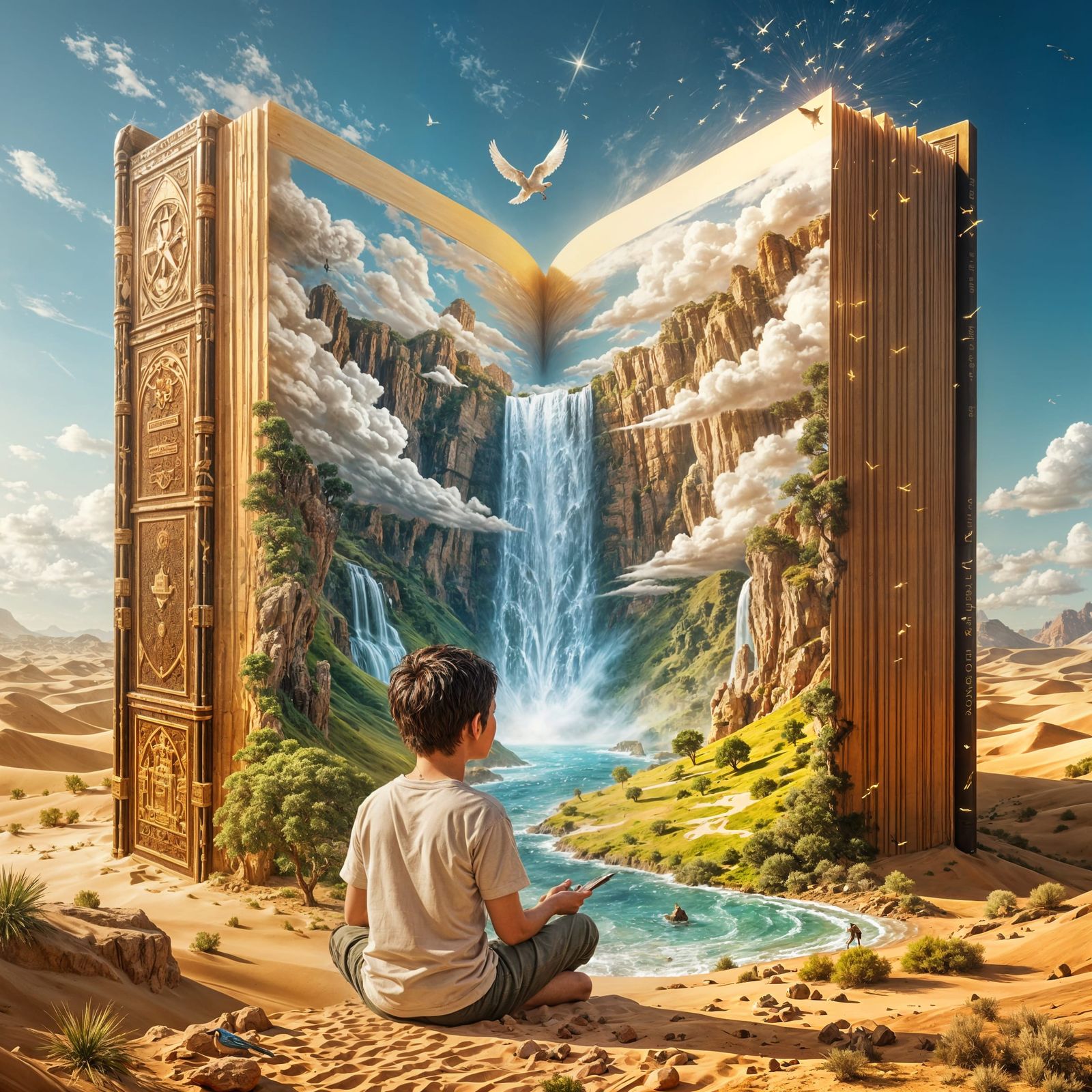 Magical Book Waterfall in Desert Landscape
