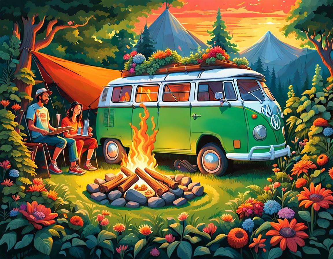 Hippie VW Camper Van Garden in Digital Art