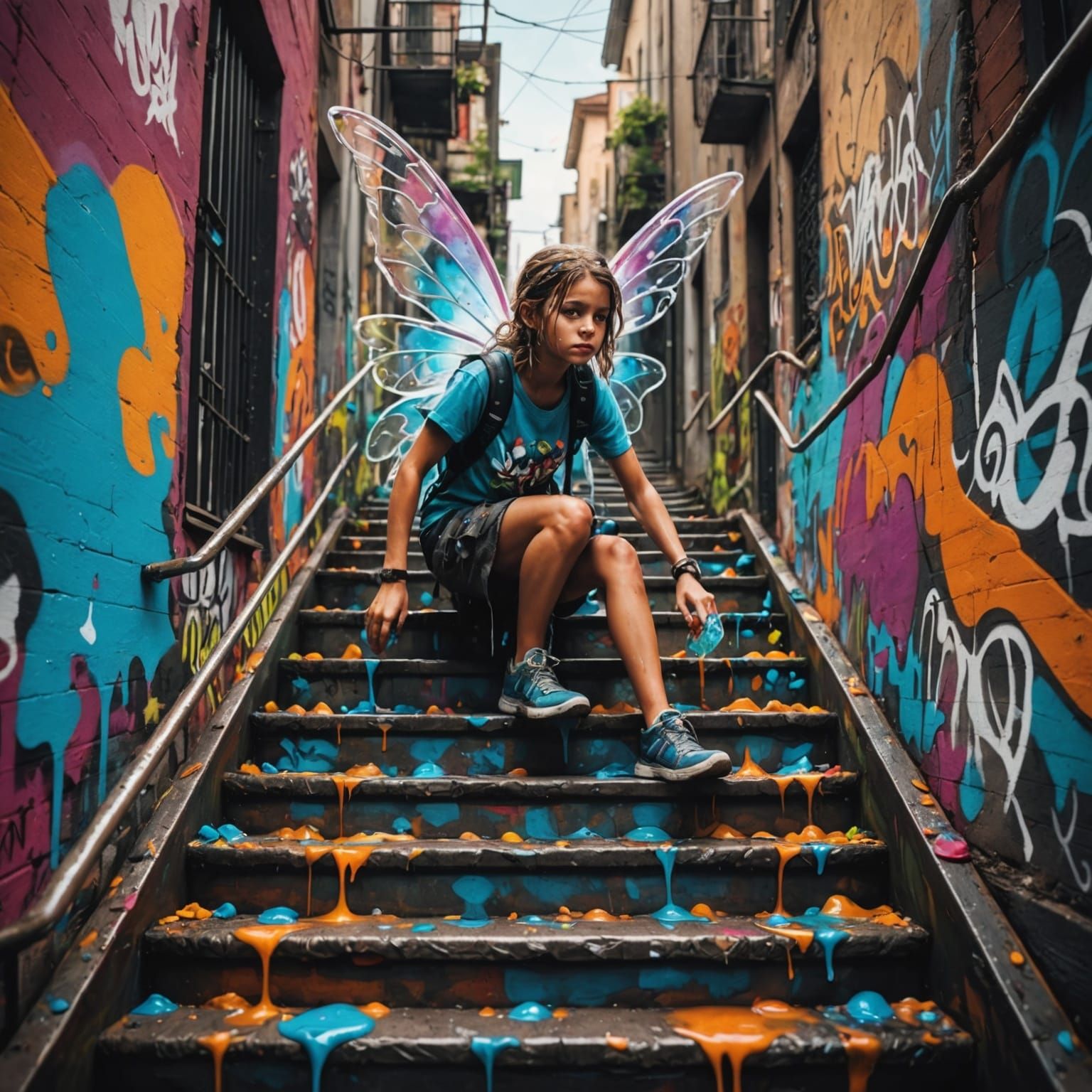 Mini Fairy Climbing Stairs in Graffiti Splash Art