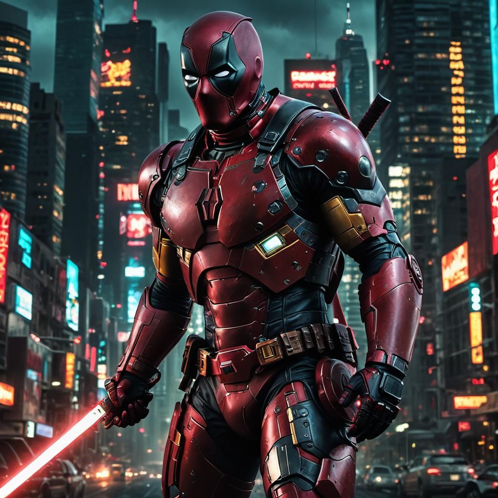 Deadpool in Iron Man Armor in Metallic Cityscape