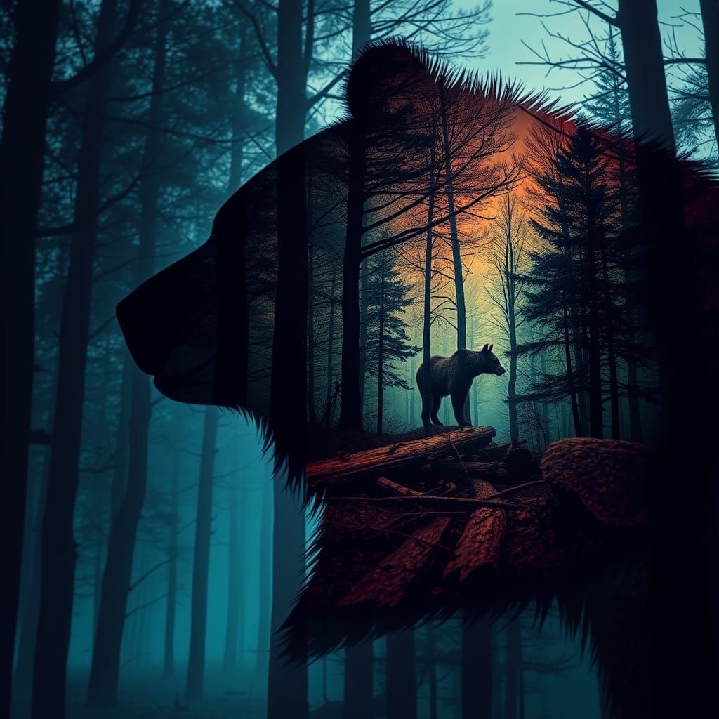 Silhouette bear and it's life in a jungle.