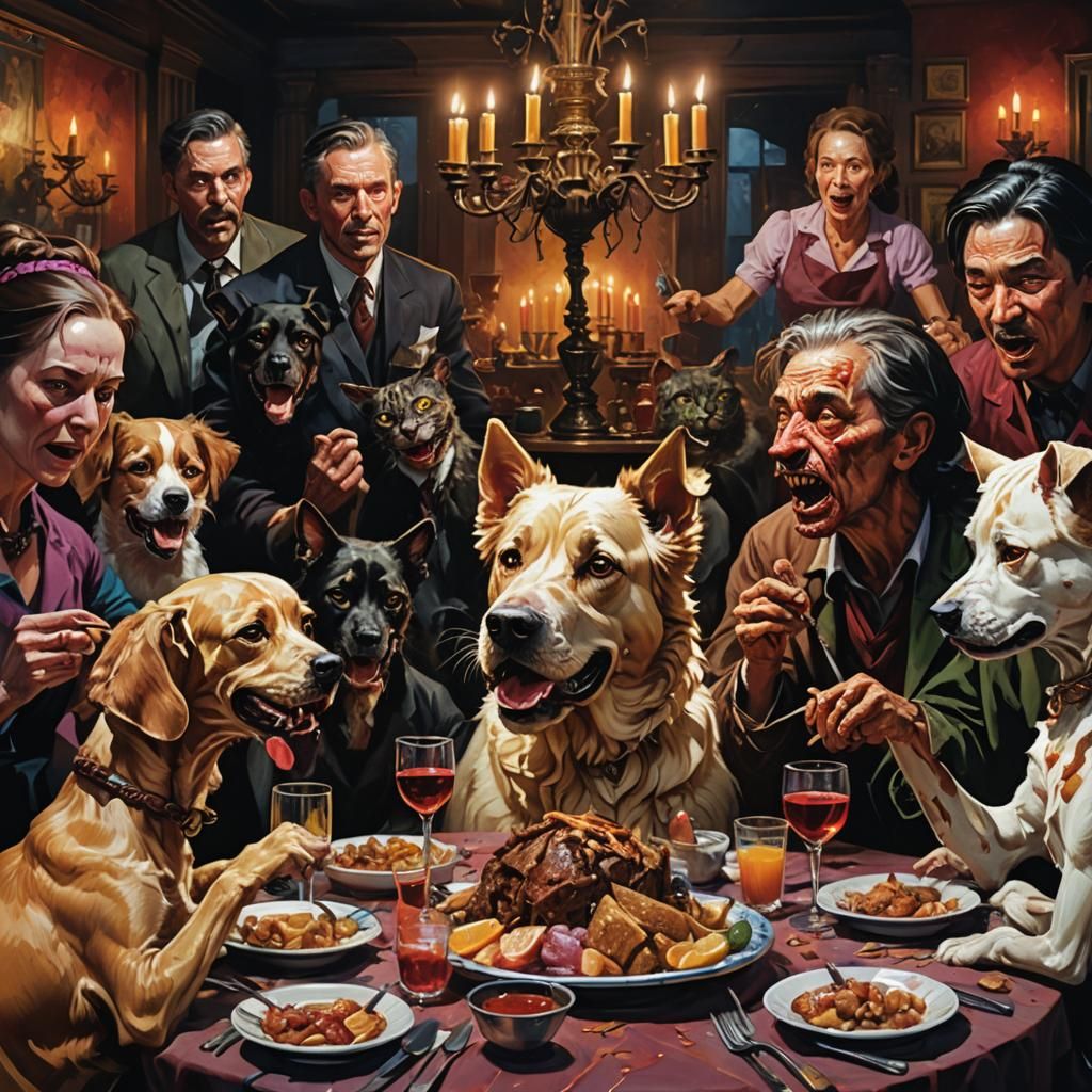 Distorted Feast in Gothic Setting, Hyperrealistic Art
