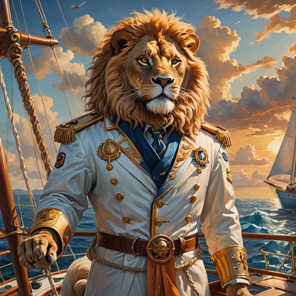 Lion Captain on Sailboat: Cinematic Oil Painting