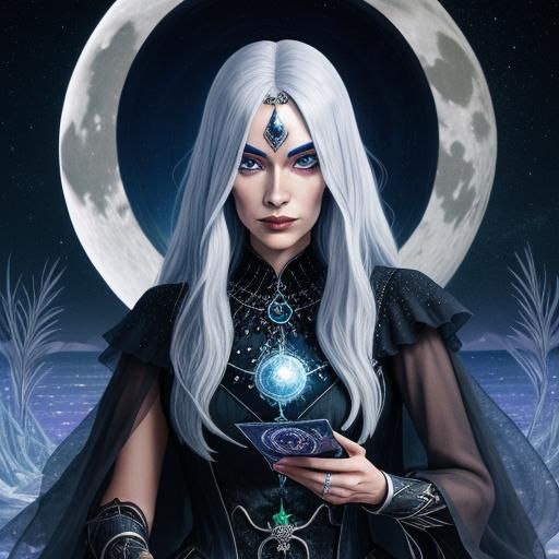 Mysterious Silver-Haired Witch Tarot Card