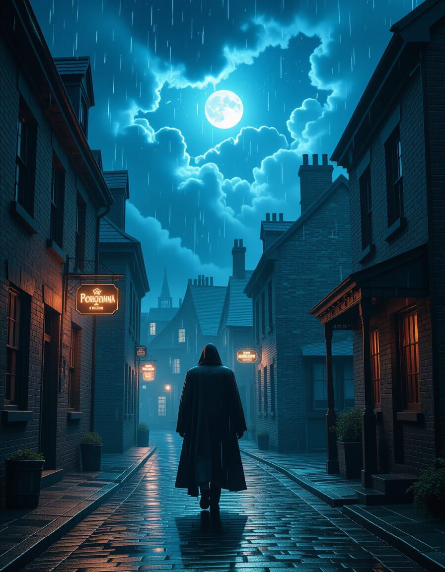 Mysterious Figure in Stormy Alleyway with Aura