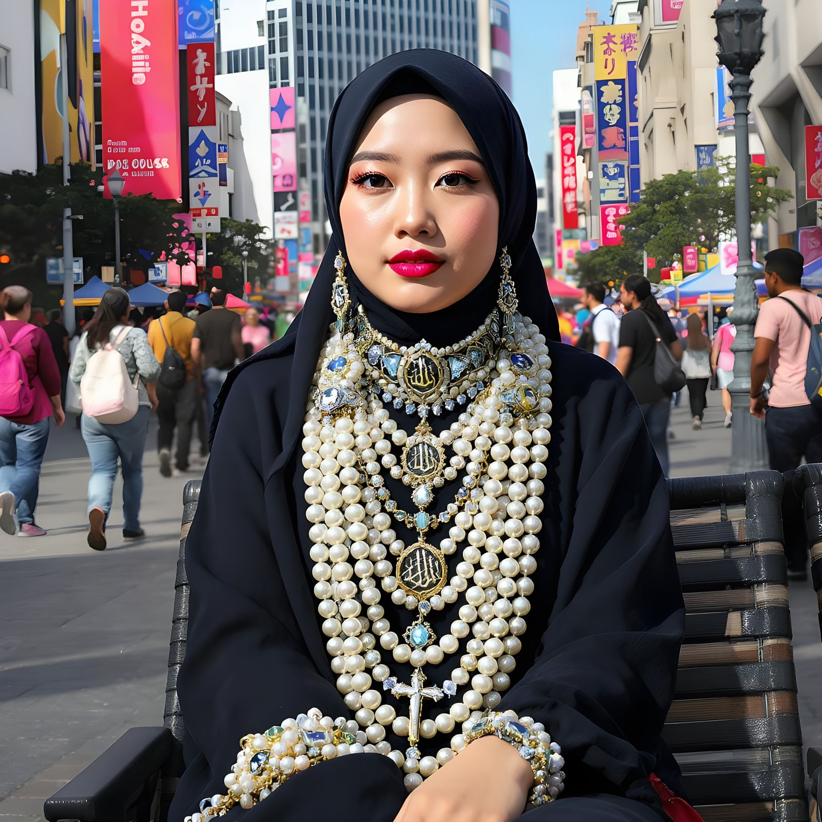Woman in Hijab with Pearl Jewelry, Surreal Art