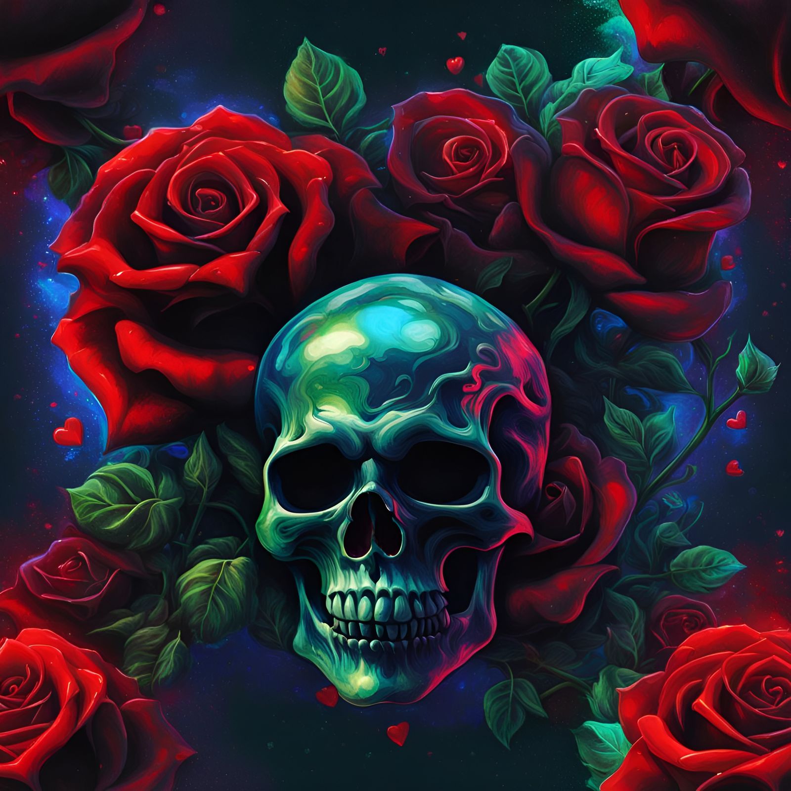 Dark Valentine Heart with Roses and Skull