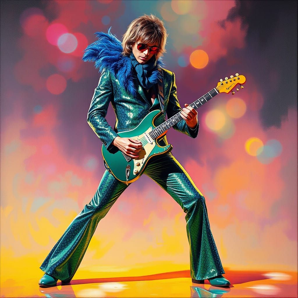 Glam Rock Guitarist in Emerald and Sapphire Regalia