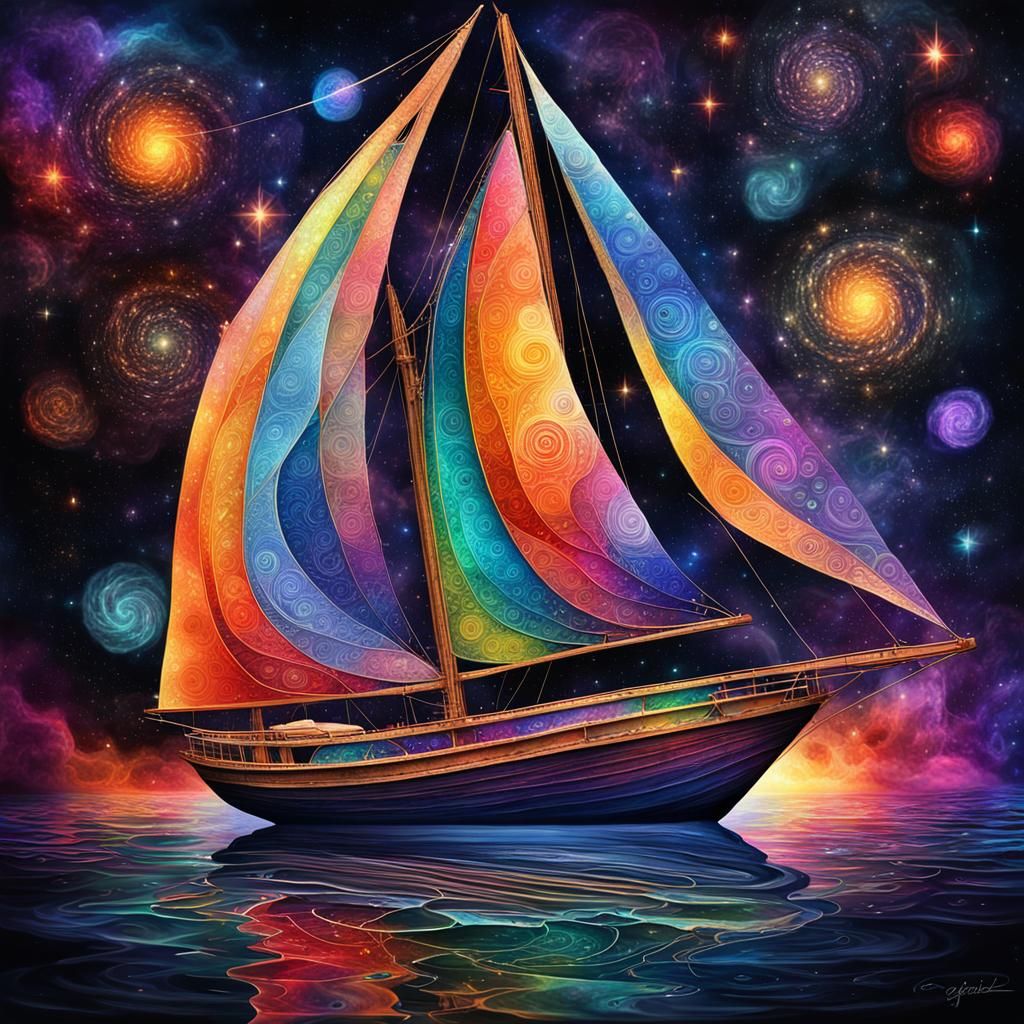 Cosmic Sailboat Fractal Spiral: Watercolor and Ink Style