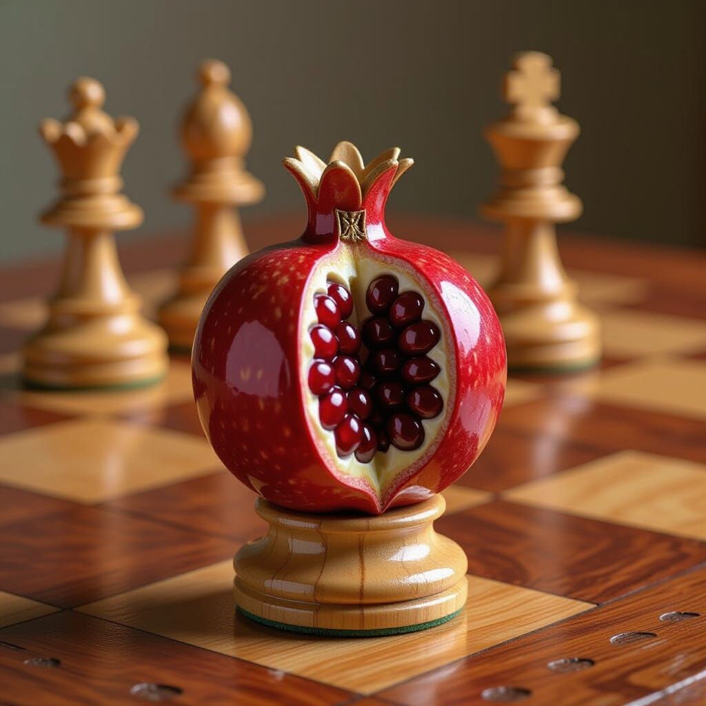 Pomegranate Pawn on Oak Chessboard