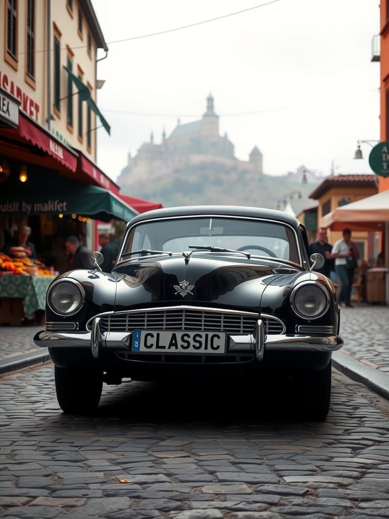 Vintage Car in Bustling Market Scene with Castle Silhouette