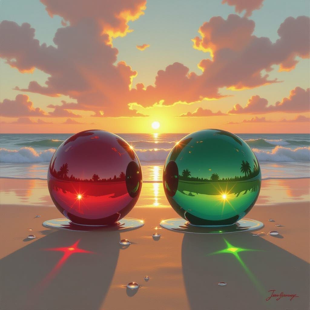 Vibrant Rubies on Beach at Sunset, Oil Painting