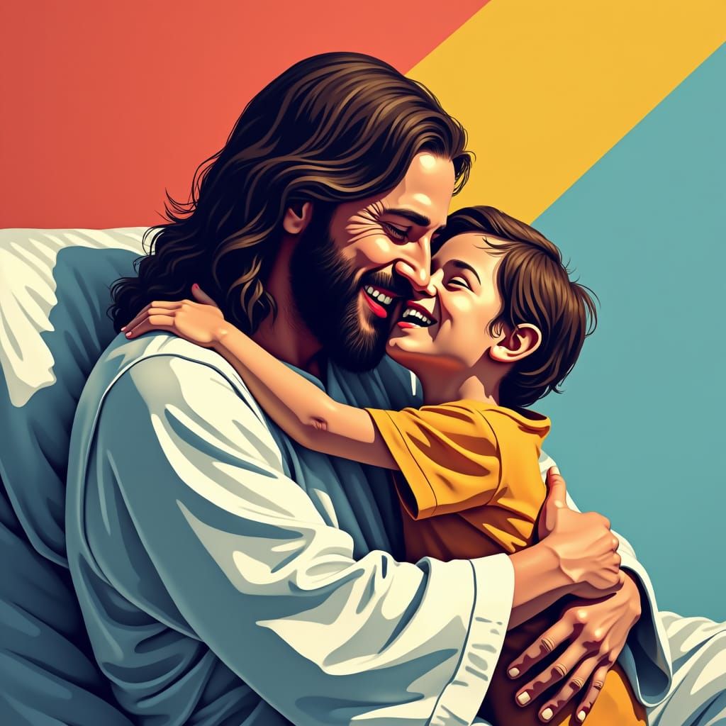Jesus hugging child at hospital laughing. Screen print, pop art, splash screen art, triadic colors, digital art, 8k reso...
