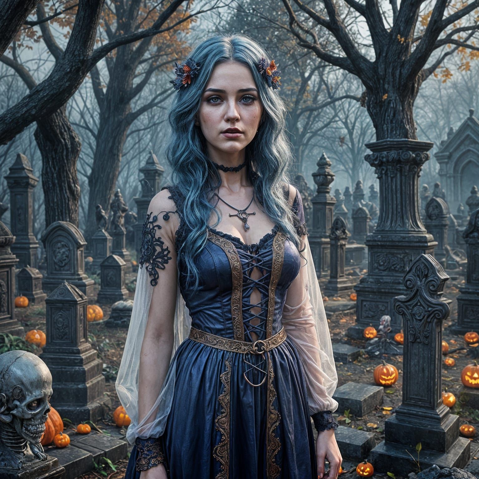 Ethereal Blue-Haired Woman with Vampires in Digital Art