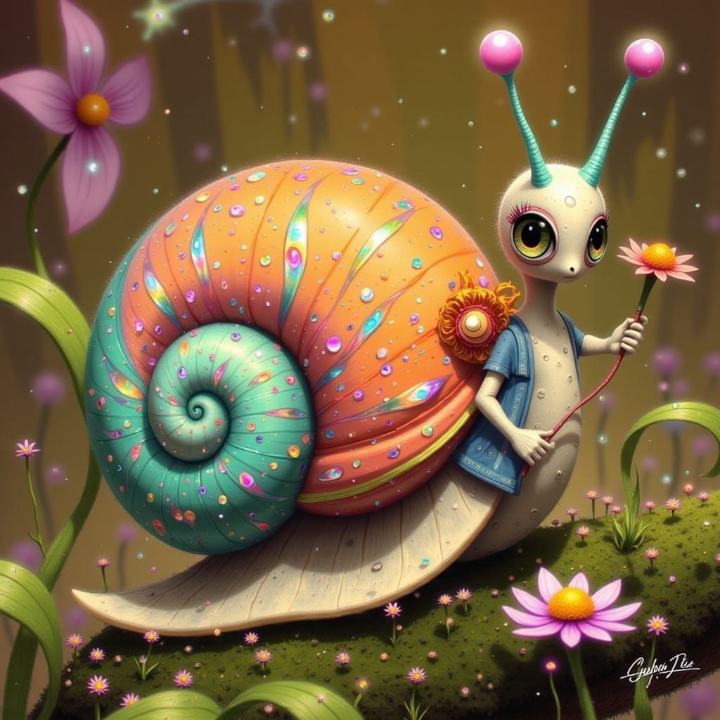 Whimsical Snail Critter Embarks on Tropical Adventure