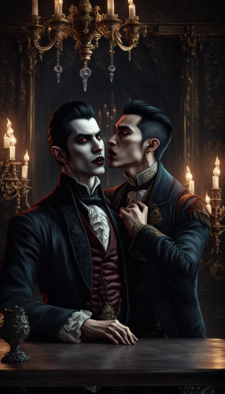 Victorian Vampire Bite of Gay Couple, Detailed Painting