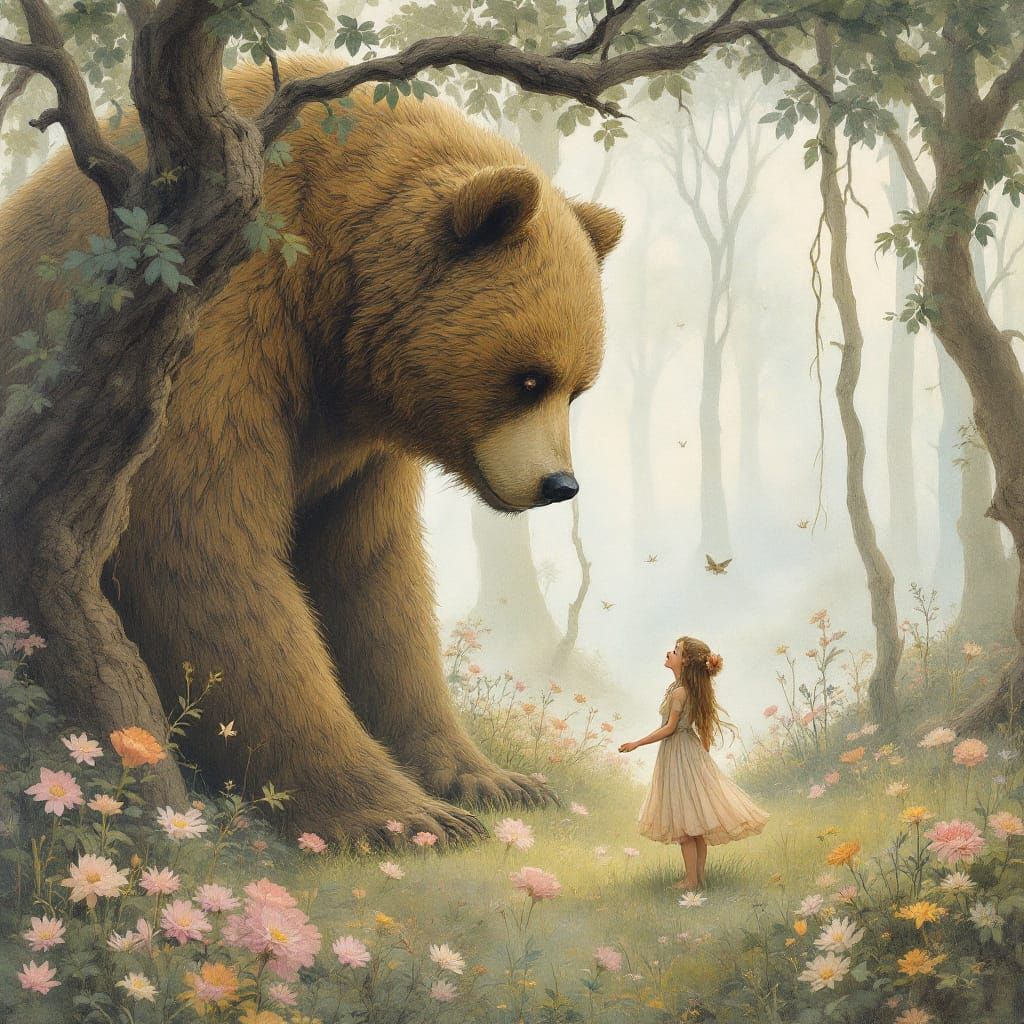 Enchanting Woman and Bear in Art Nouveau Forest