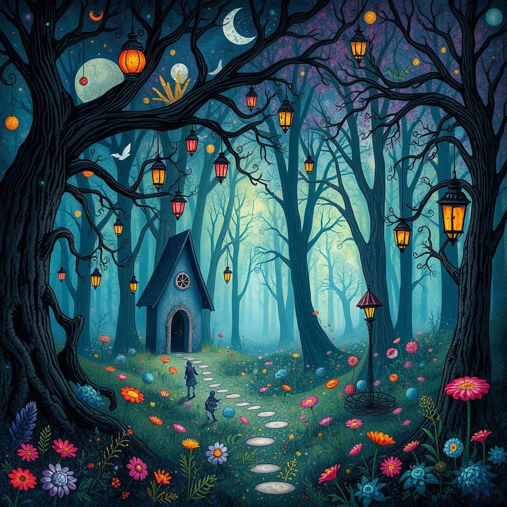 Whimsical Forest Scene in Dreamlike Atmosphere