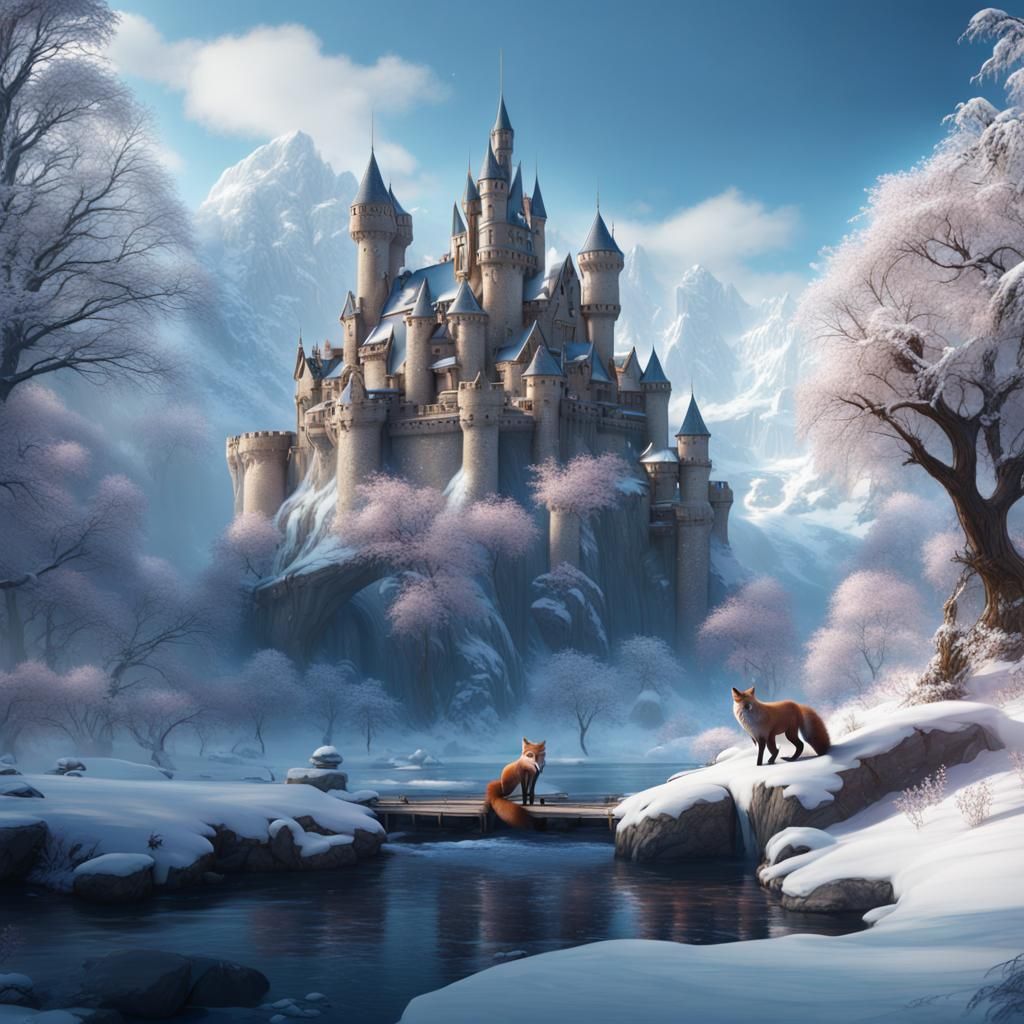 Winter Landscape with Castle, River and Fox