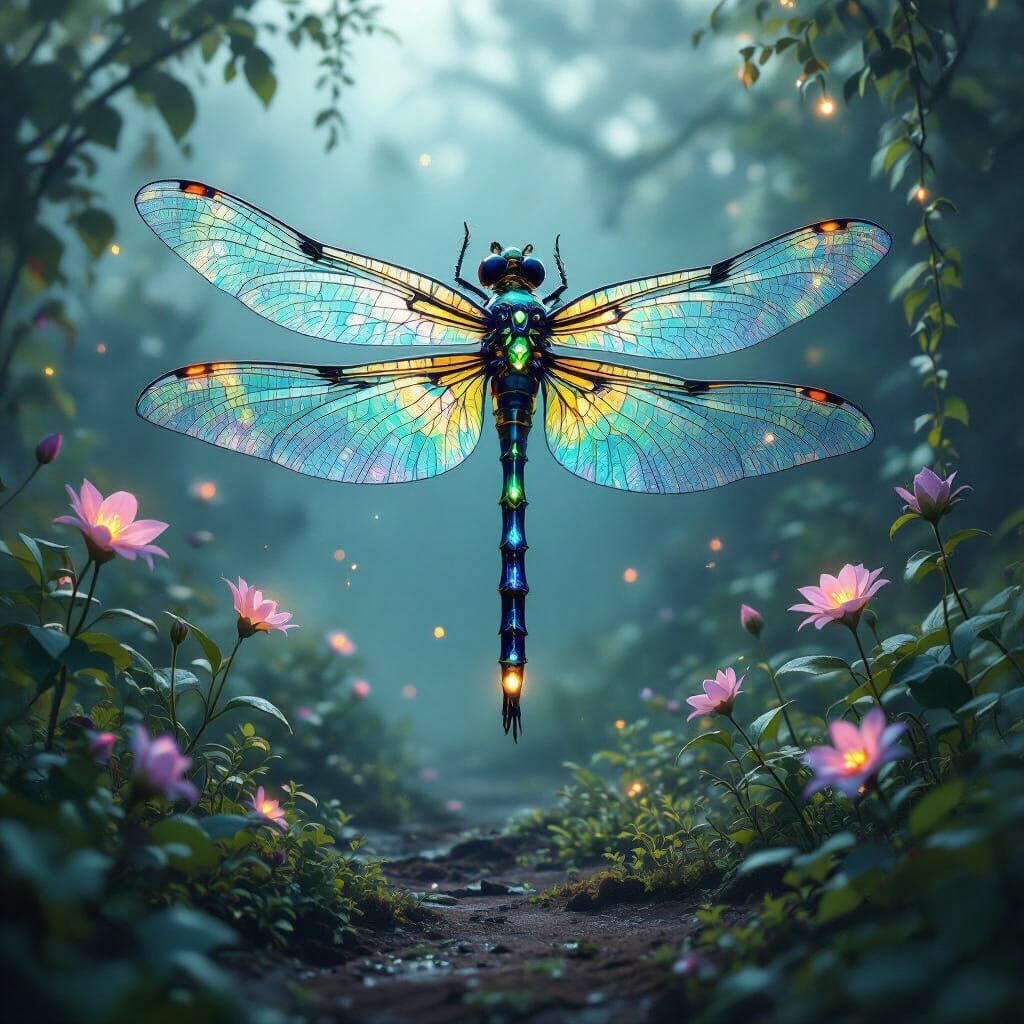 Bioluminescent Dragonfly with Stained Glass Wings