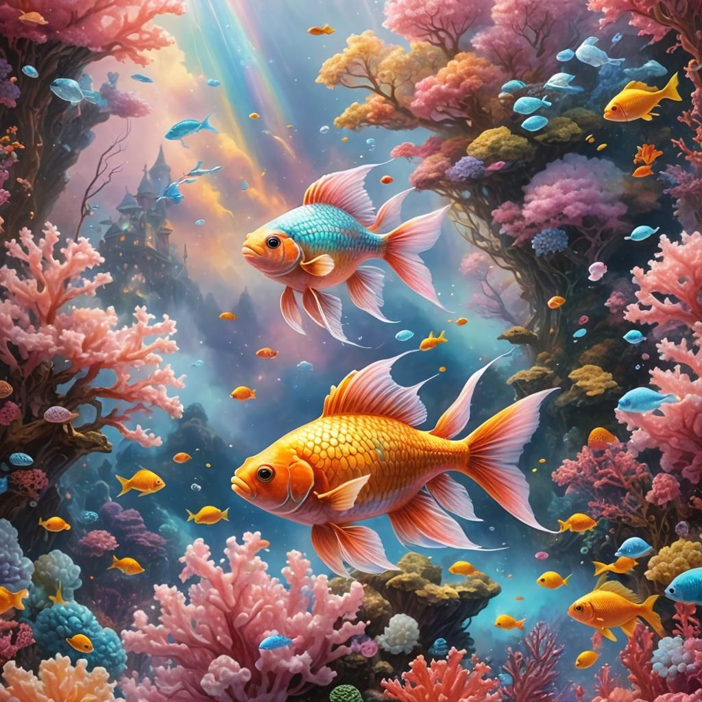 Rainbow Cotton Candy Fish in Pink Coral Reef