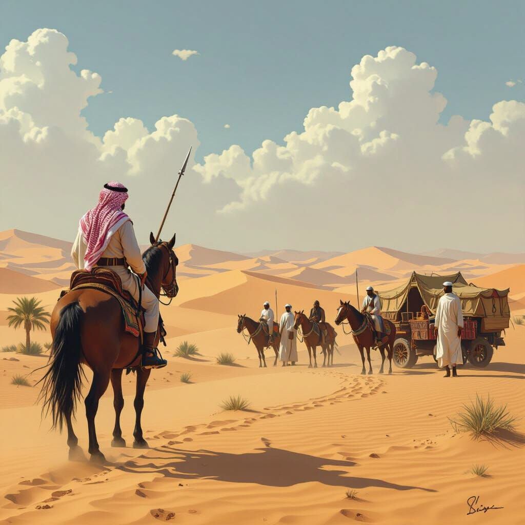 Arabian Horseman Confronts Caravan in Futuristic Desert