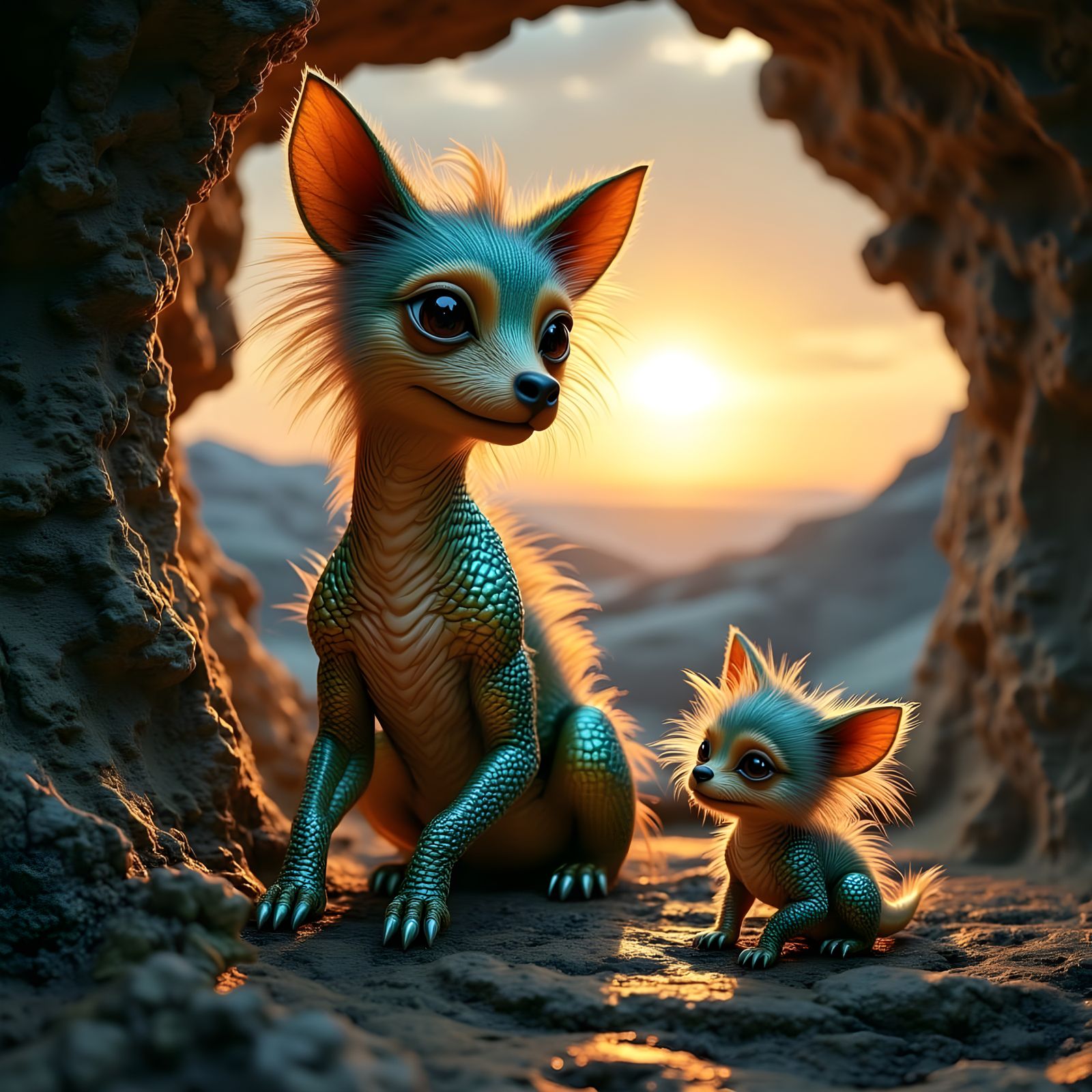 Yorkie-dragon hybrid with iridescent, rainbow-hued scales