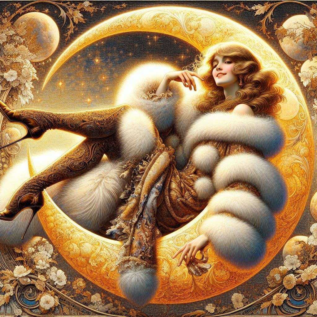 Elegant Lady Dances on Golden Moonlit Winter Scene
