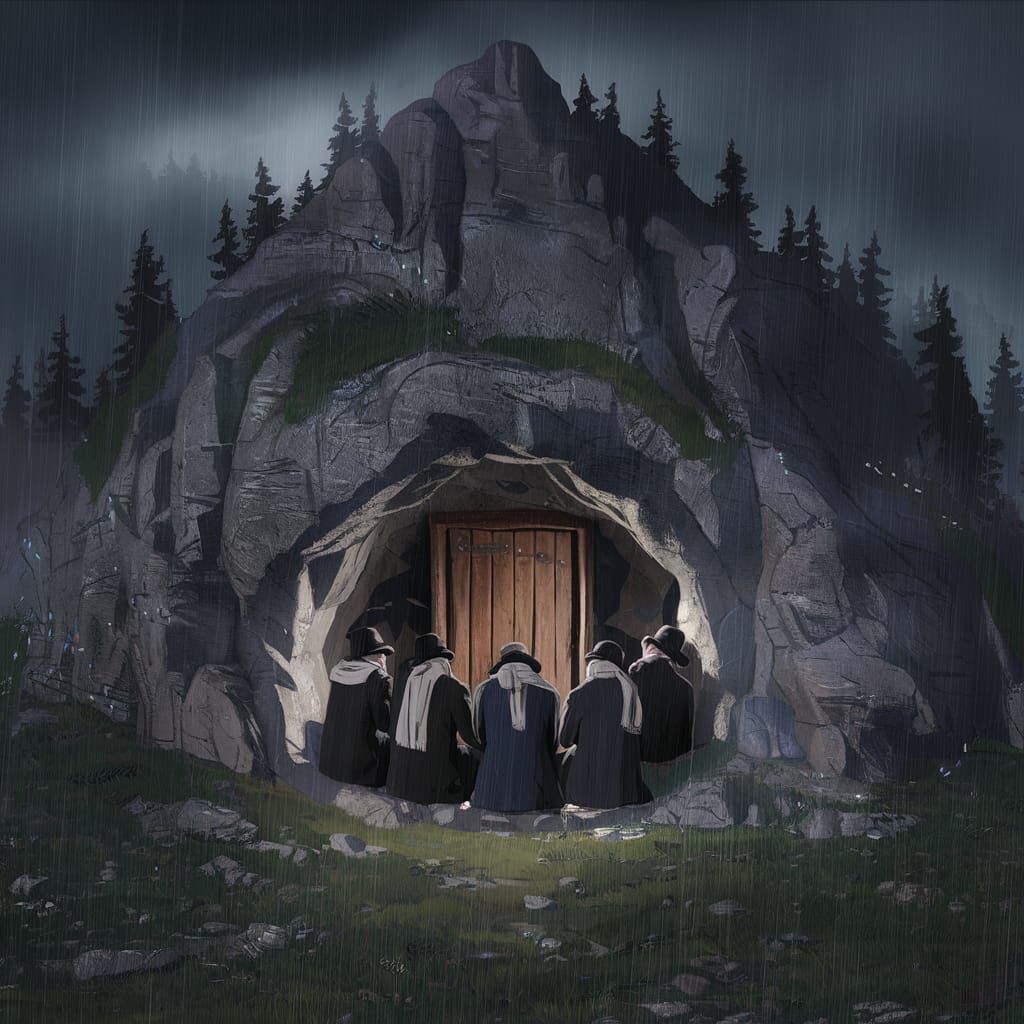 Hasidim in Cave on Stormy Night