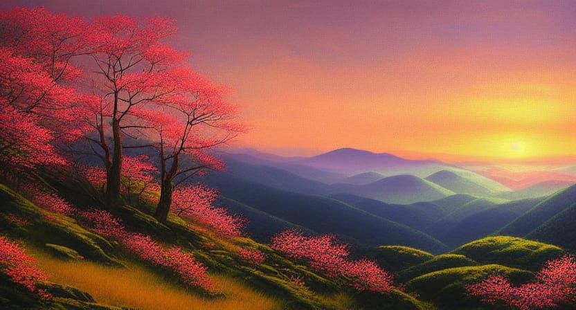 Blue Ridge Mountains Sunrise Painting in Kazuo Oga Style