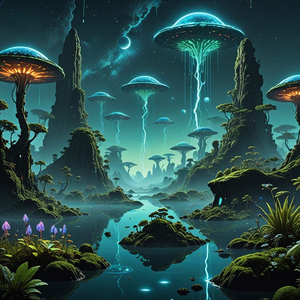 Glowing Alien World with Luminous Plants and Floating Island...