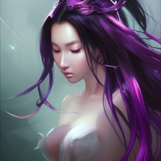 Purple Gumiho Portrait in Hyperdetailed Art Nouveau Style