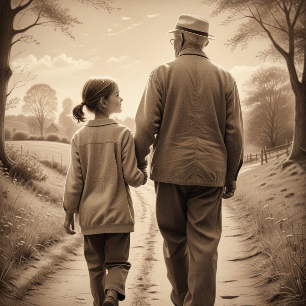 Sepia Sketch of Grandfather and Granddaughter Walking Hand i...